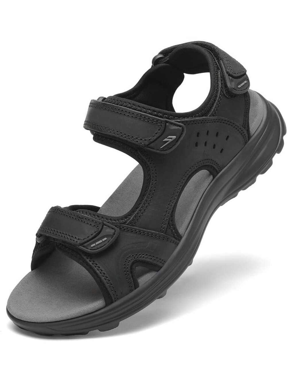 Men's All Black Adjustable Open Toe Leather Athletic Sport Hiking Sandal Shoes
